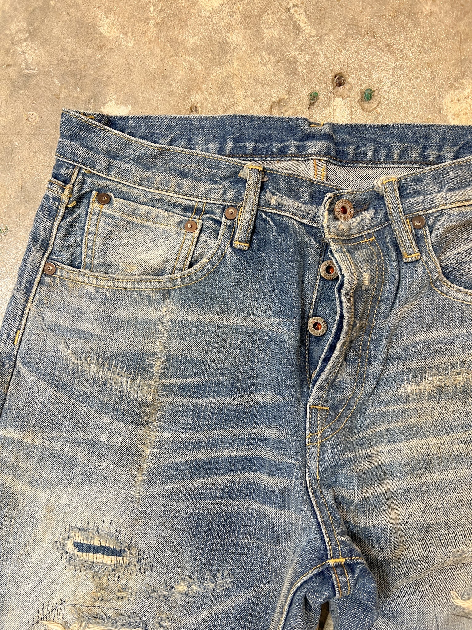 F05 Damaged Crushing Denim Jeans - Full House Denim & Workshop