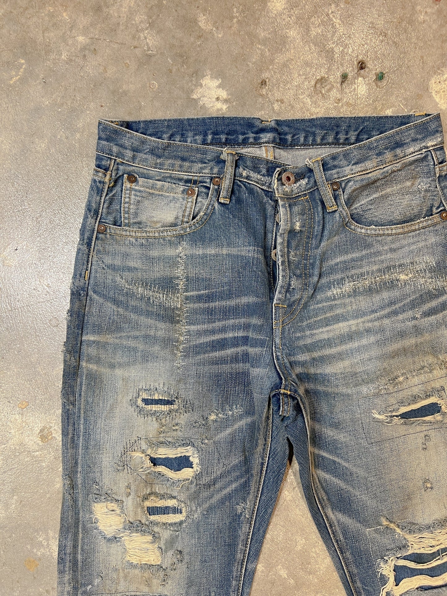 F05 Damaged Crushing Denim Jeans - Full House Denim & Workshop