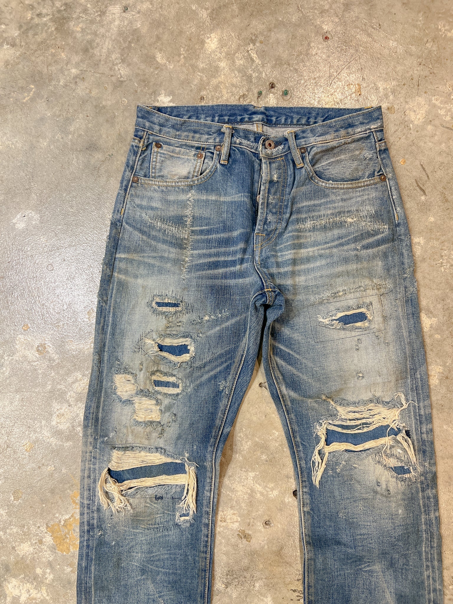 F05 Damaged Crushing Denim Jeans - Full House Denim & Workshop