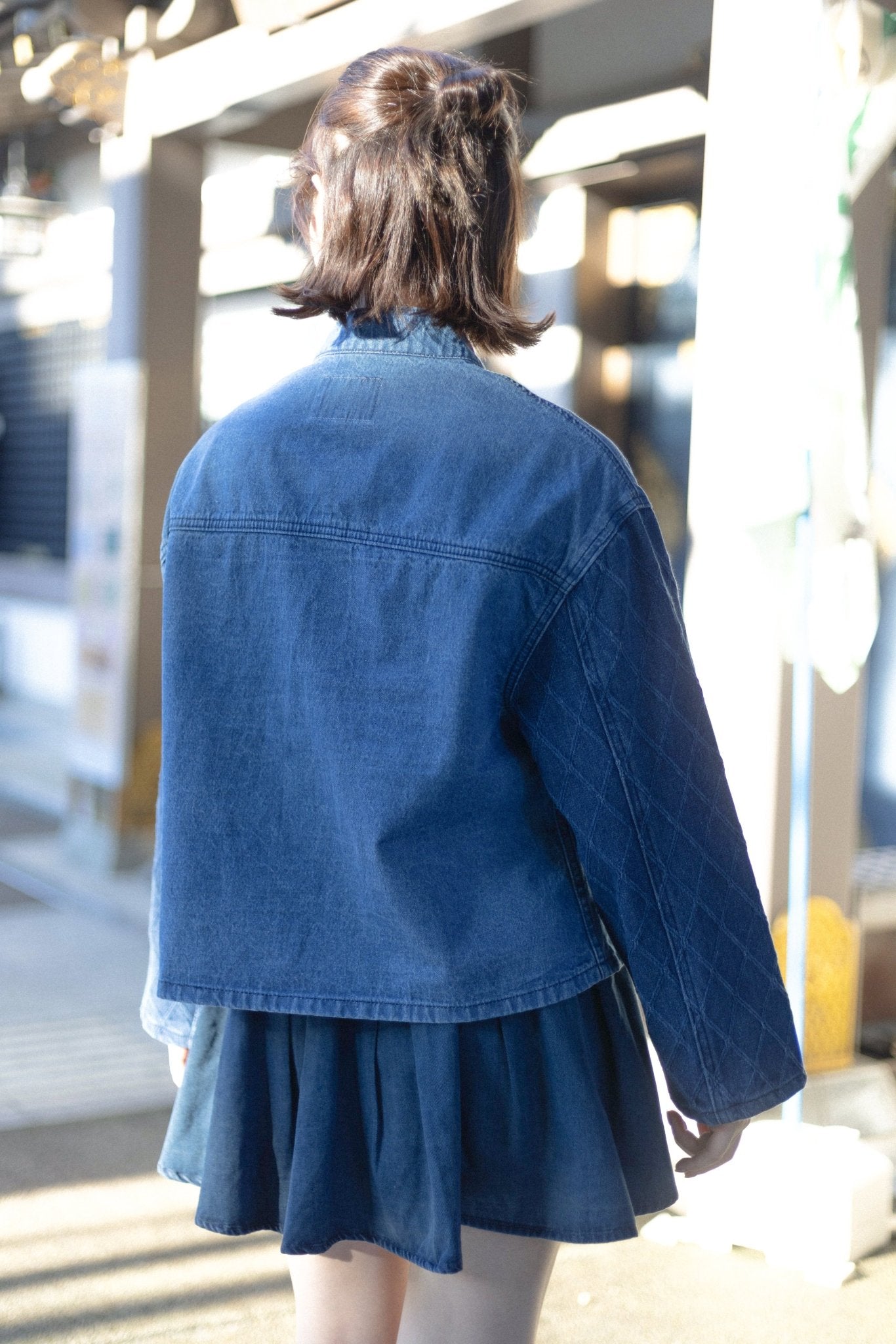 KF Slanted Lapel Washed Denim Shirt 盤扣斜襟拼袖短罩衫 - Full House Denim & Workshop