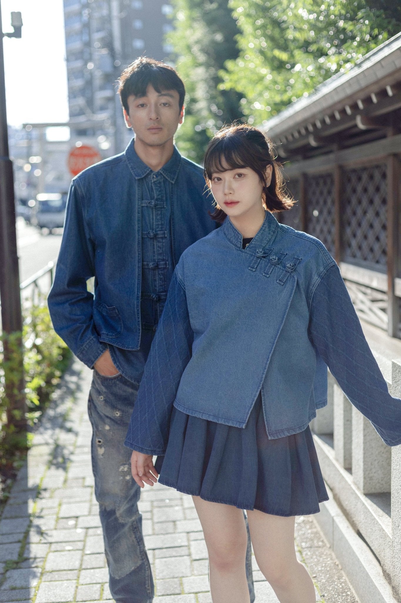 KF Slanted Lapel Washed Denim Shirt 盤扣斜襟拼袖短罩衫 - Full House Denim & Workshop