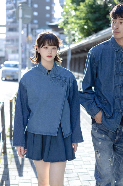 KF Slanted Lapel Washed Denim Shirt 盤扣斜襟拼袖短罩衫 - Full House Denim & Workshop