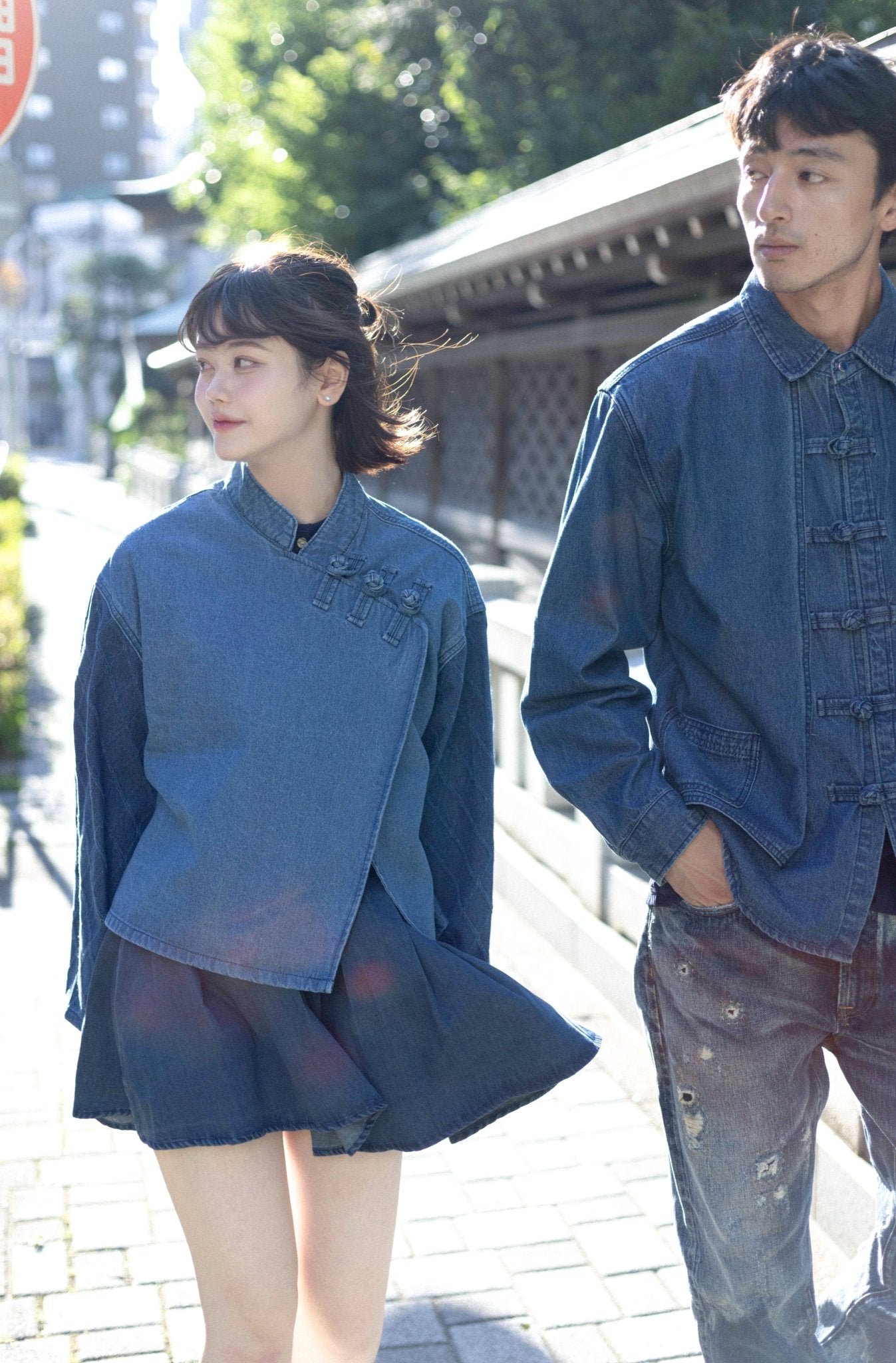 KF Slanted Lapel Washed Denim Shirt 盤扣斜襟拼袖短罩衫 - Full House Denim & Workshop