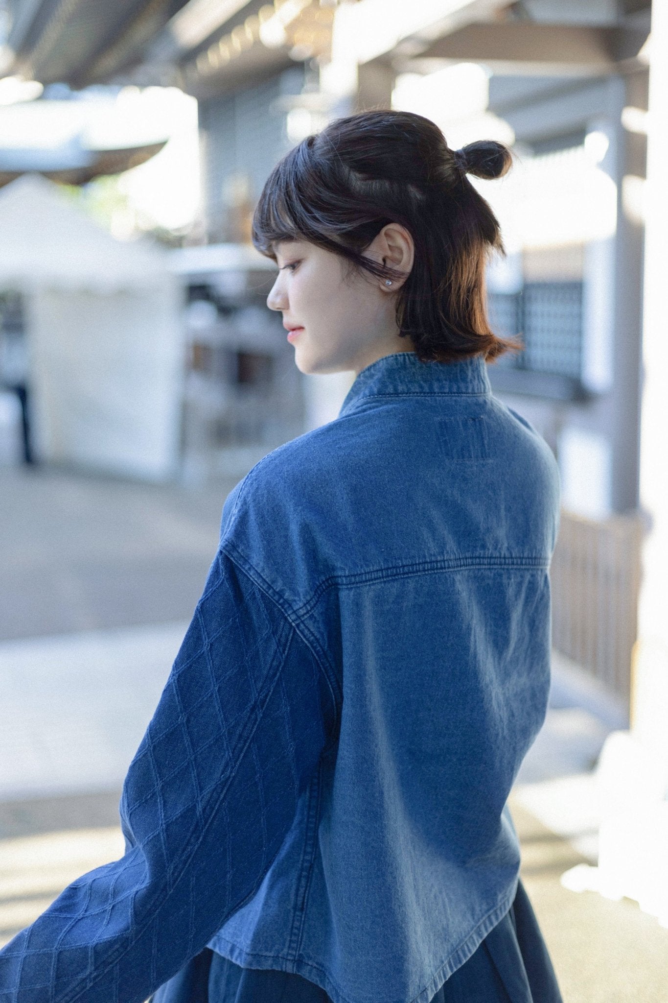 KF Slanted Lapel Washed Denim Shirt 盤扣斜襟拼袖短罩衫 - Full House Denim & Workshop