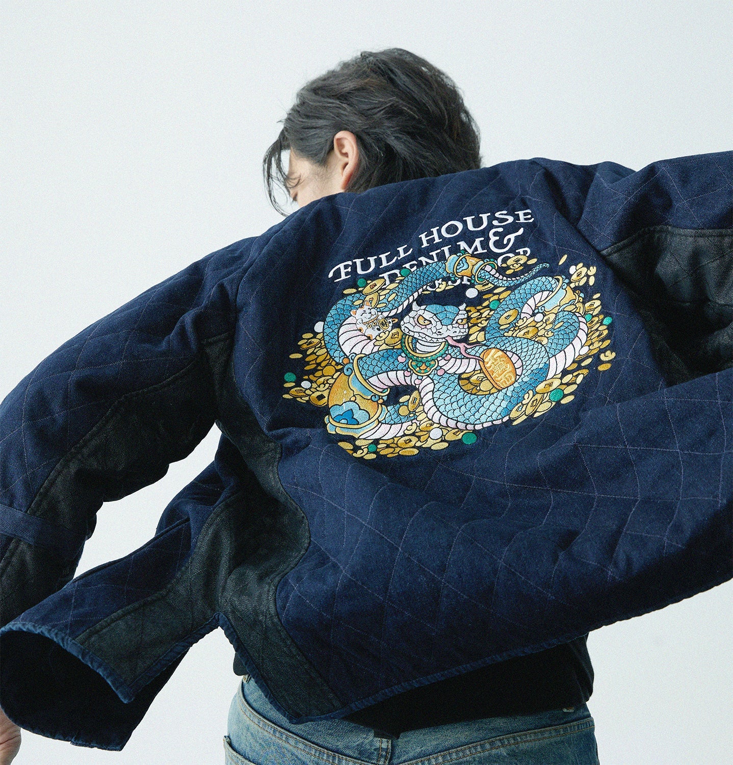 【Limited Edition】Wealth Serpent Embroidery Double Sided Haori【玉京子】 - Full House Denim & Workshop