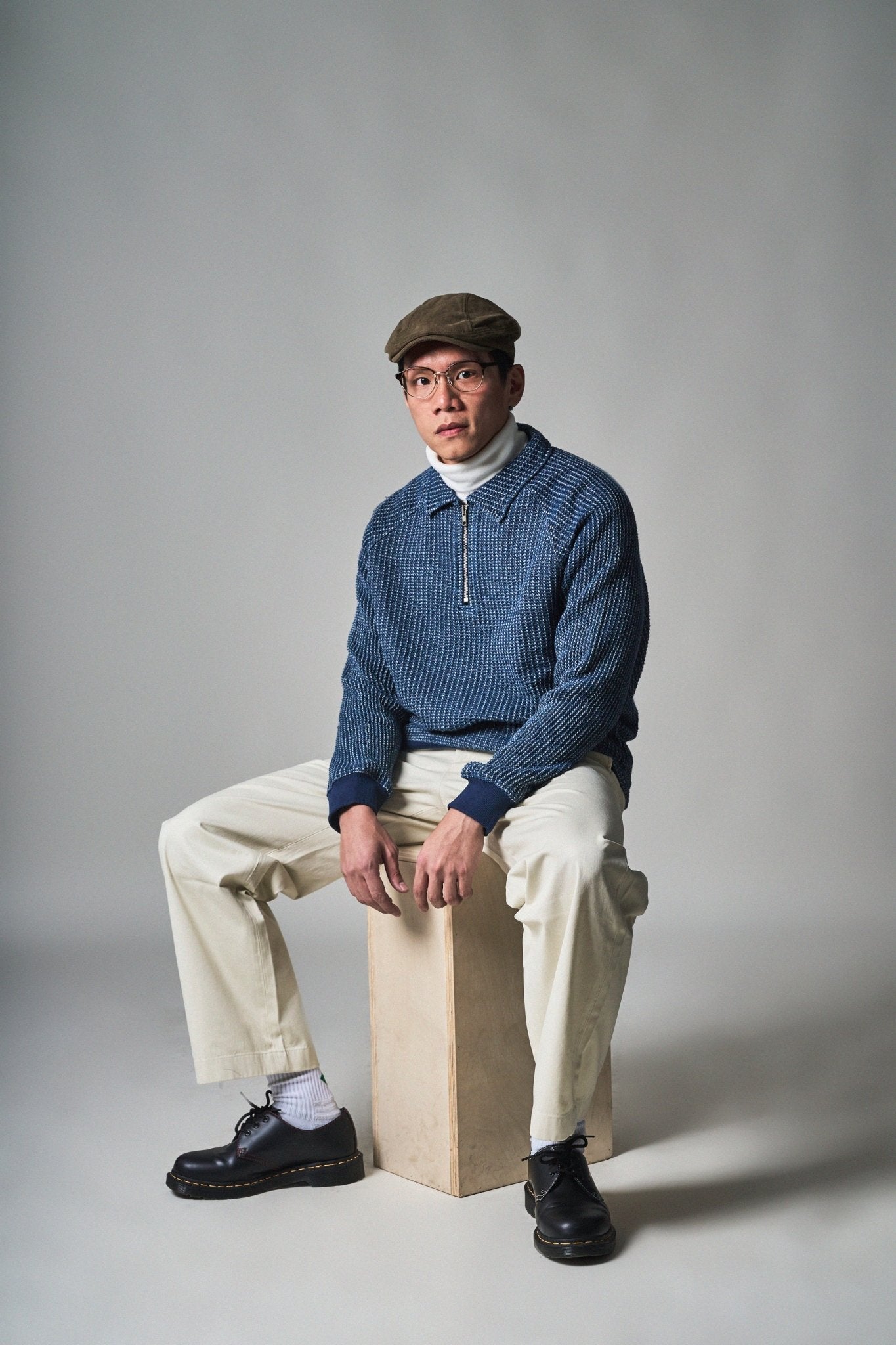 Waffle Tweed Denim Half Zip Pullover Sweater 華夫格織紋牛仔半拉鍊套頭衛衣 - Full House Denim & Workshop