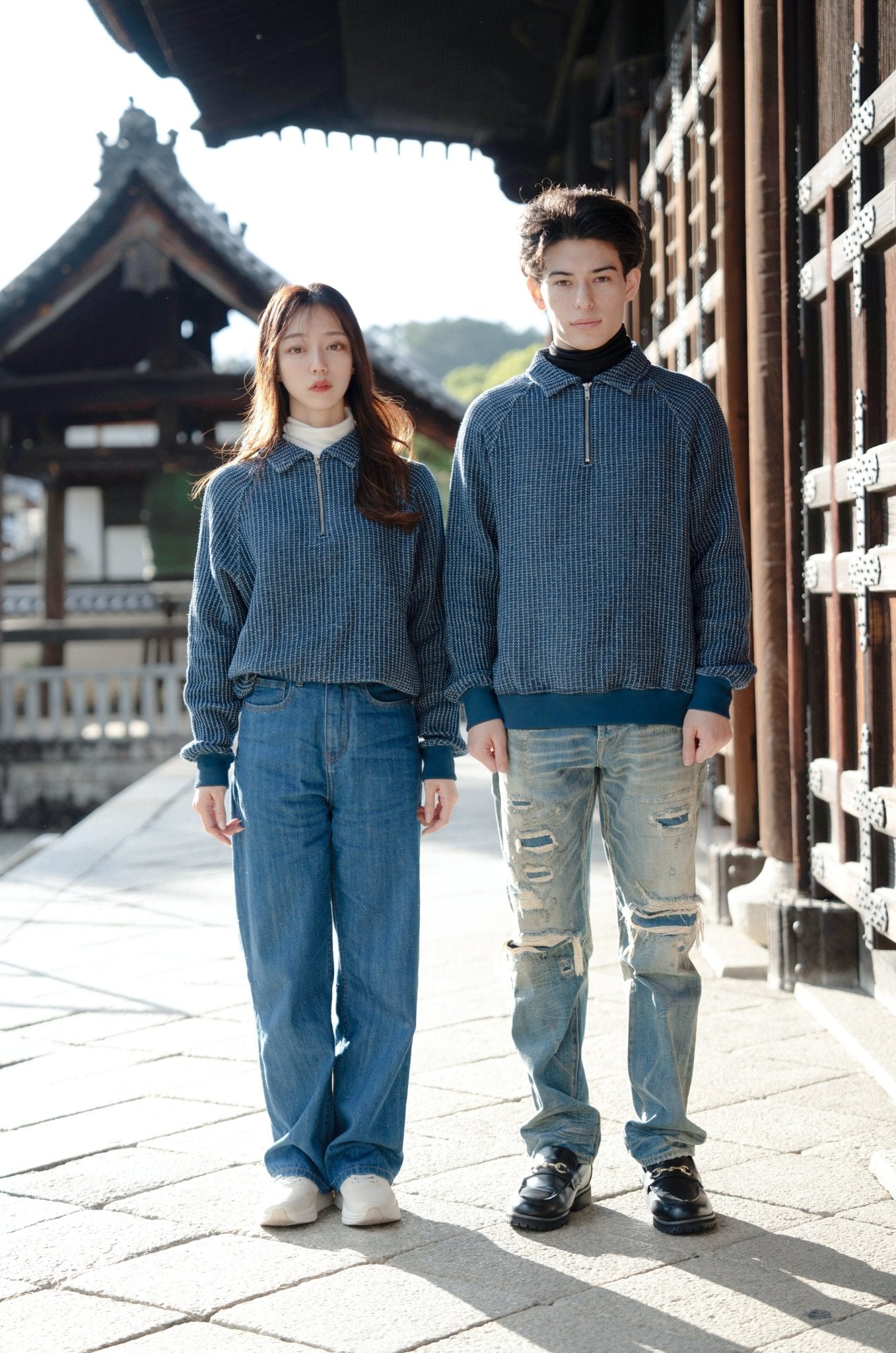 Waffle Tweed Denim Half Zip Pullover Sweater 華夫格織紋牛仔半拉鍊套頭衛衣 - Full House Denim & Workshop