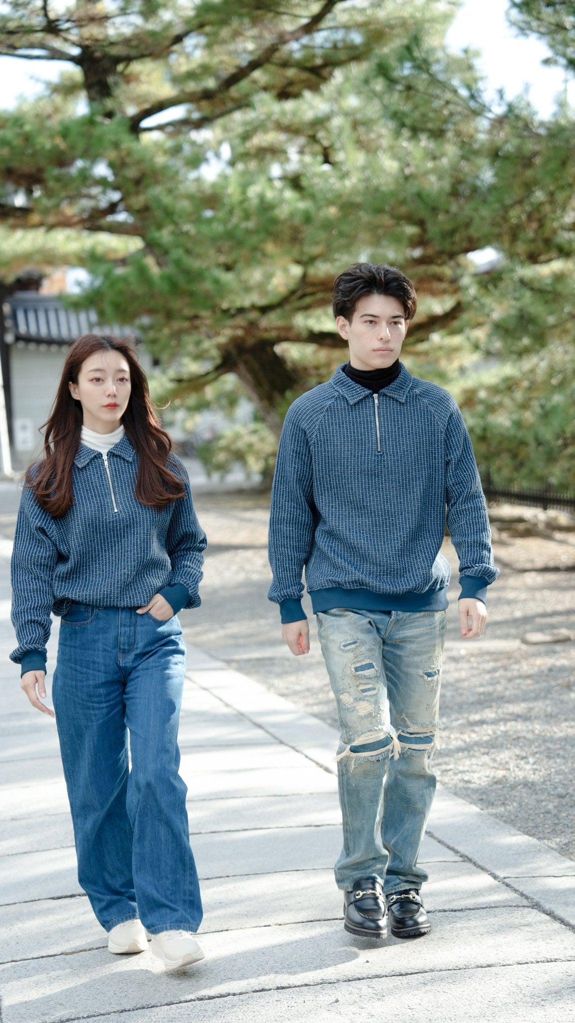 Waffle Tweed Denim Half Zip Pullover Sweater 華夫格織紋牛仔半拉鍊套頭衛衣 - Full House Denim & Workshop