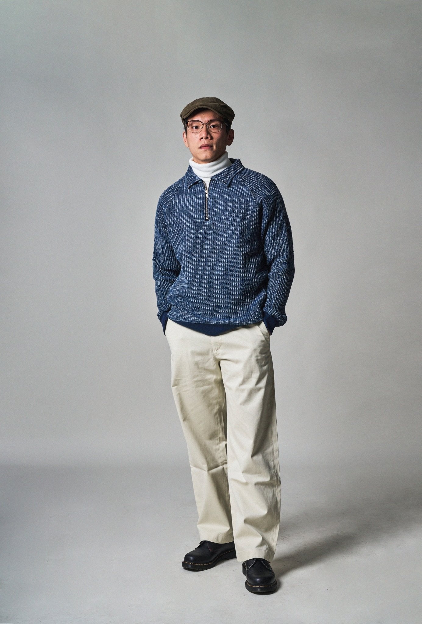 Waffle Tweed Denim Half Zip Pullover Sweater 華夫格織紋牛仔半拉鍊套頭衛衣 - Full House Denim & Workshop