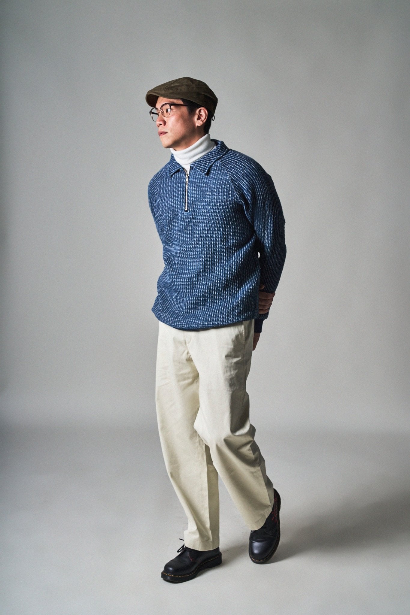 Waffle Tweed Denim Half Zip Pullover Sweater 華夫格織紋牛仔半拉鍊套頭衛衣 - Full House Denim & Workshop