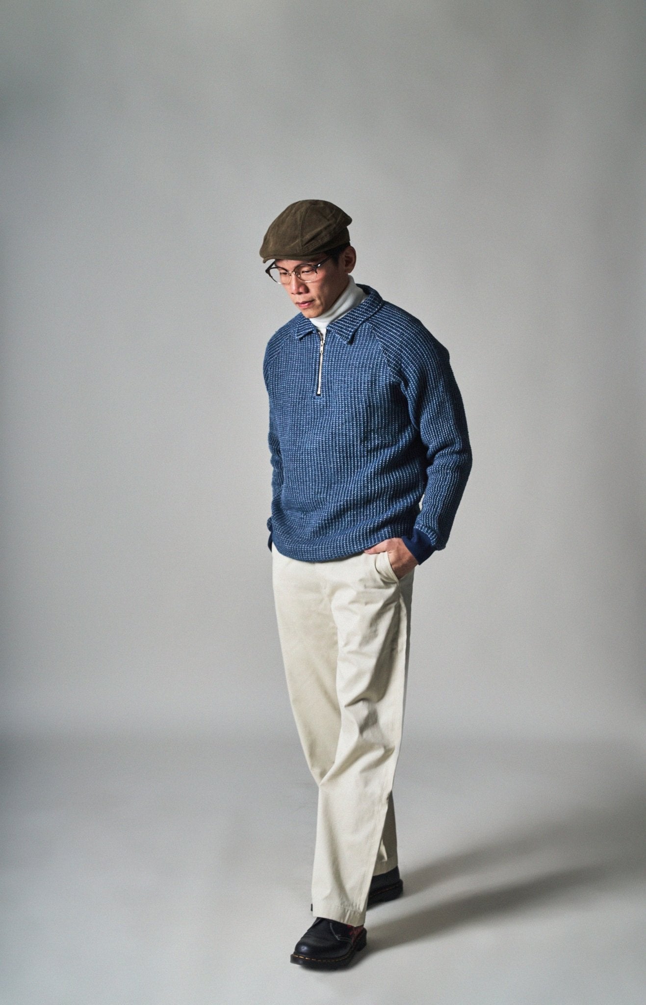 Waffle Tweed Denim Half Zip Pullover Sweater 華夫格織紋牛仔半拉鍊套頭衛衣 - Full House Denim & Workshop