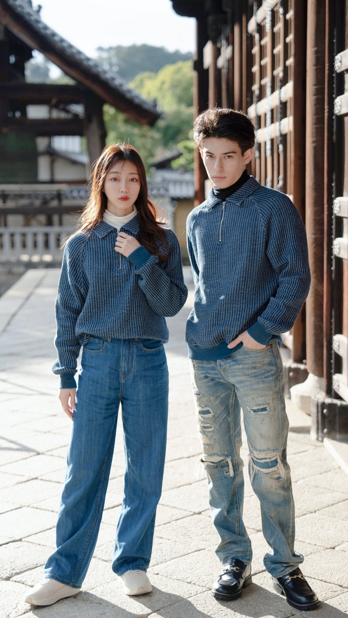 Waffle Tweed Denim Half Zip Pullover Sweater 華夫格織紋牛仔半拉鍊套頭衛衣 - Full House Denim & Workshop