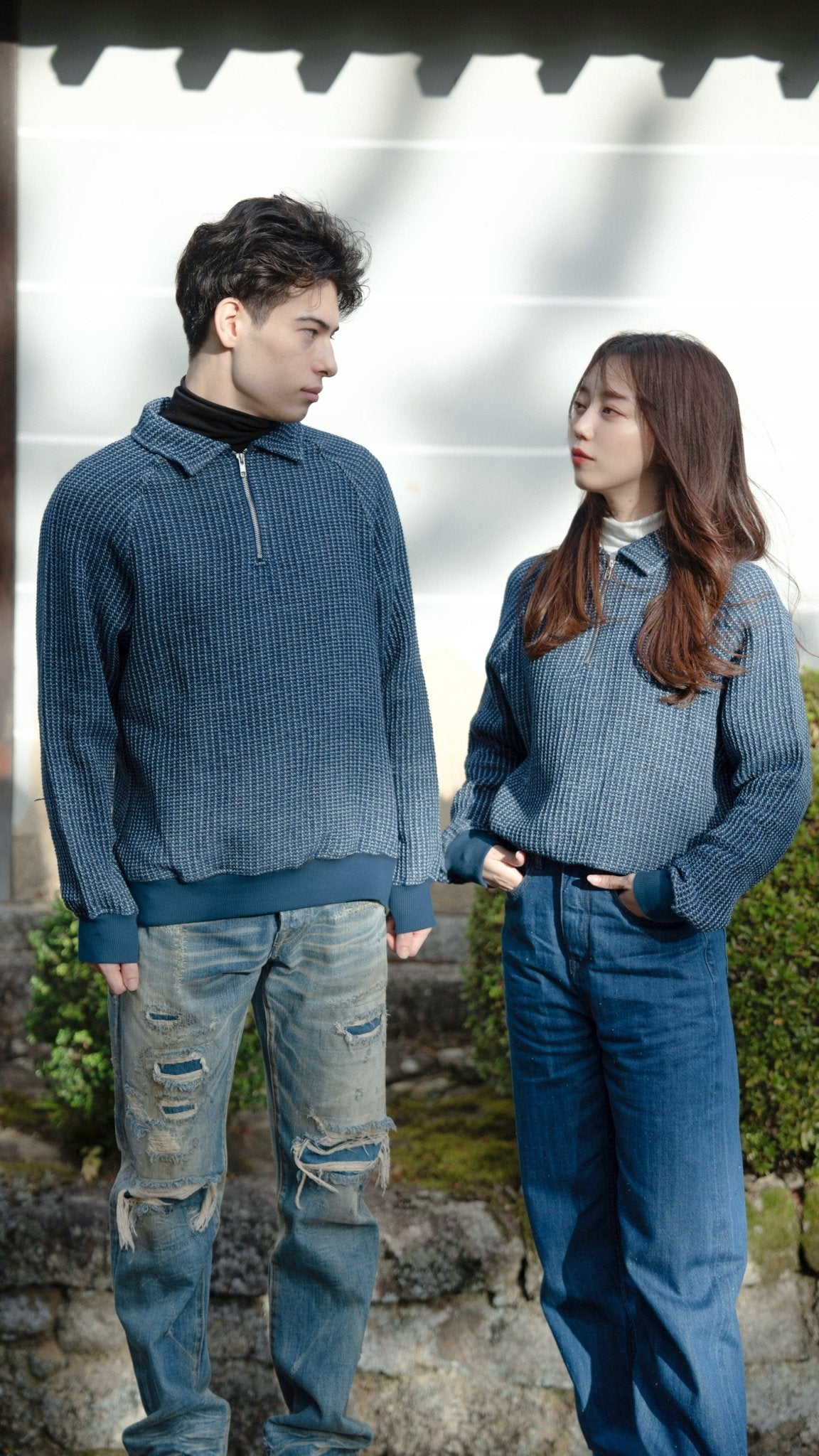 Waffle Tweed Denim Half Zip Pullover Sweater 華夫格織紋牛仔半拉鍊套頭衛衣 - Full House Denim & Workshop