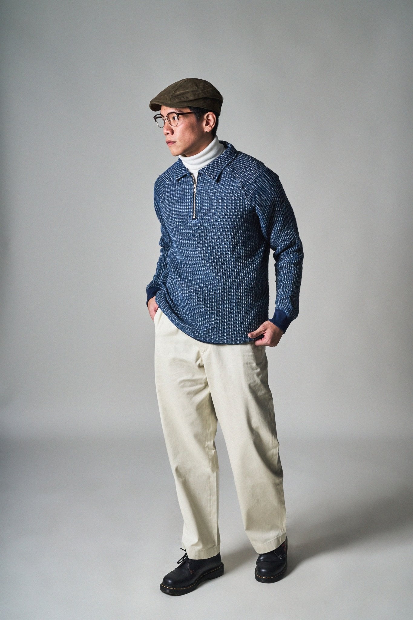 Waffle Tweed Denim Half Zip Pullover Sweater 華夫格織紋牛仔半拉鍊套頭衛衣 - Full House Denim & Workshop